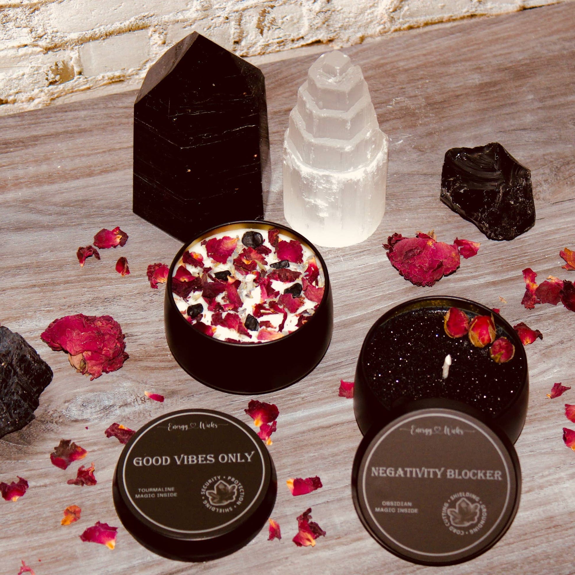 NEGATIVITY BLOCKER CRYSTAL CANDLE: 4OZ BLACK TIN - single Obsidian crystal -  blackberry sage fragrance - blocks psychic attack and absorbs negative energies - This fragrance oil is infused with natural essential oils, including Clove Leaf, Ginger, Lavender, Orange and Sage - Joy - Journey of You
