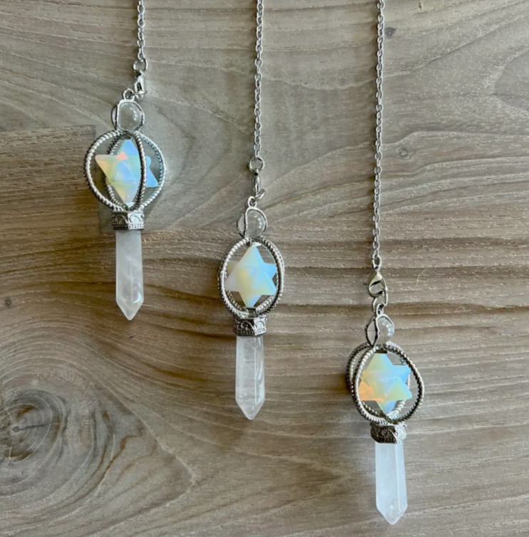 OPALITE MERKABAH PENDULUM WITH CLEAR QUARTZ POINT white metal 6 inch chain - Joy - Journey of You