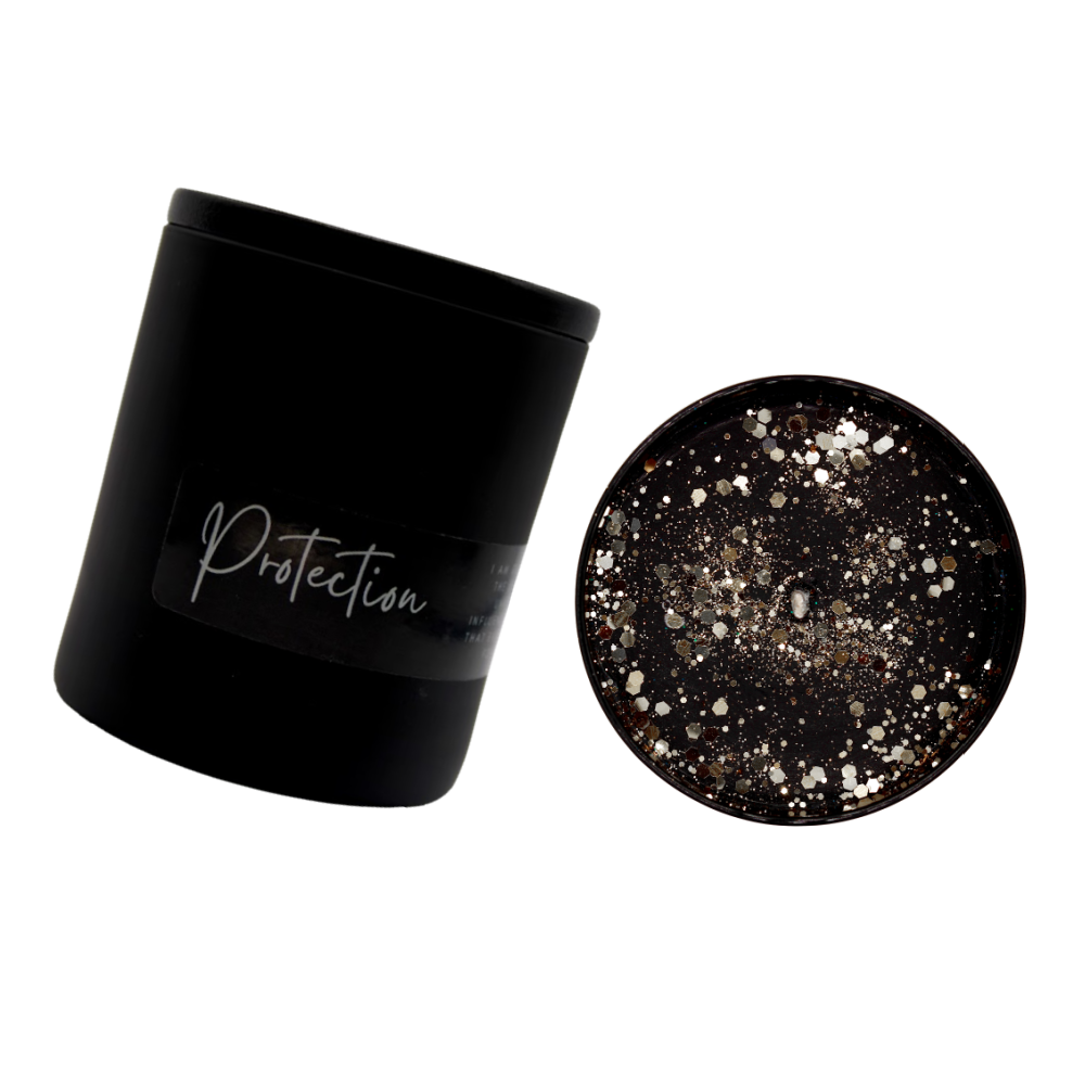 PROTECTION AFFIRMATION CANDLE: WOODEN LID - 2 reiki infused crystals - Joy - Journey of You