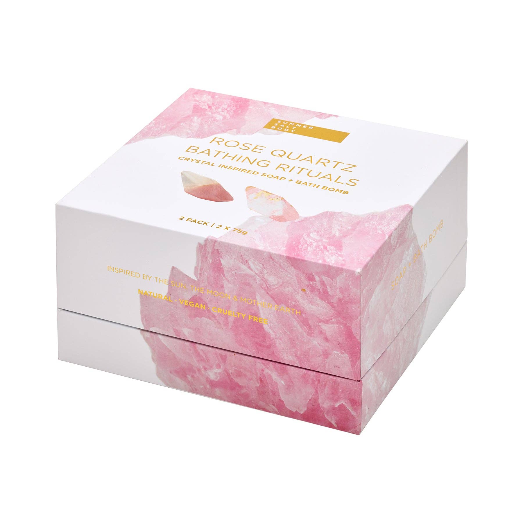 ROSE QUARTZ BATHING RITUALS | 2 PACK - bathing ritual with our Rose Quartz Spa Gift Set - Rose Quartz Bath Bomb and Crystal Soap - Bathing Rituals - INGREDIENTS: Sodium Bicarbonate, Sodium Sulfate, Citric Acid, Sodium Chloride, Camellia Japonica Seed Oil, Simmondsia Chinensis (Jojoba) Seed Oil, Butyrospermum Parkii (Shea Butter) Oil, Jasmine Essential Oil, Gold Foil, Orange 4, Gold Powder. SOAP INGREDIENTS: Aqua, Sorbitol, Sucrose, Sunflower Oil, Glycerine, Stearic Acid, Coconut Oil, Jasmine Essential Oil, 