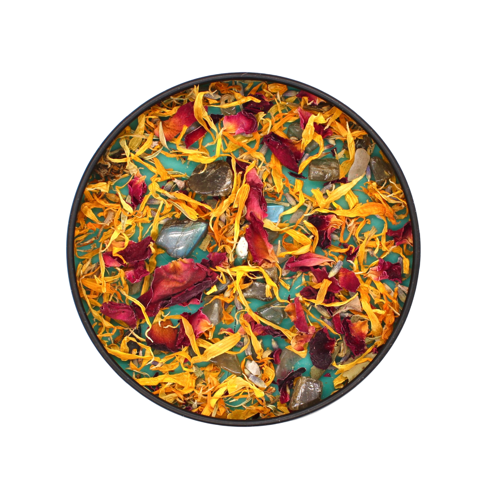 TRANSFORMATION CRYSTAL CANDLE: 4OZ BLACK TIN - botanicals and Labradorite crystals -  Spiced Honey and Tonka fragrance - Joy - Journey of You