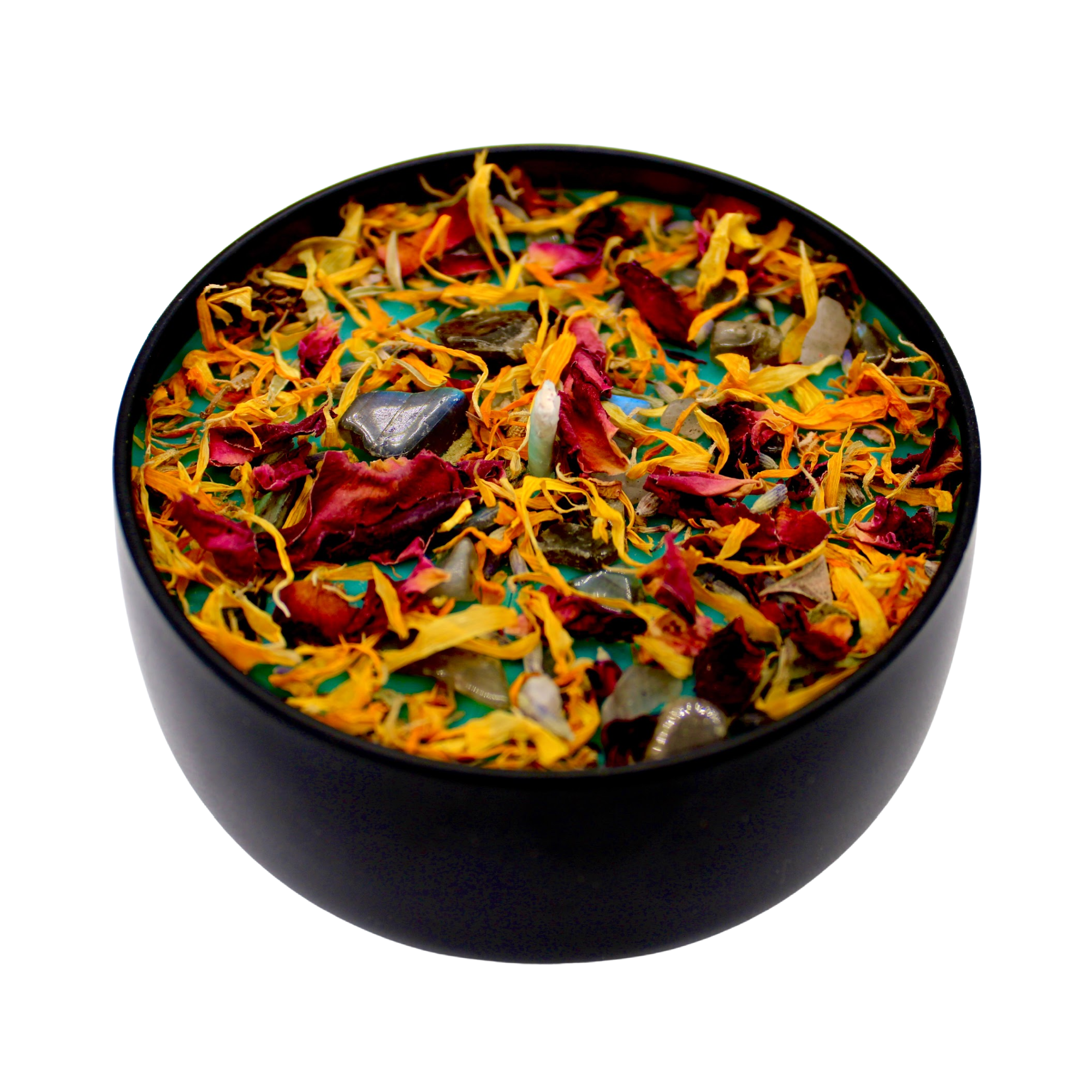 TRANSFORMATION CRYSTAL CANDLE: 4OZ BLACK TIN - botanicals and Labradorite crystals -  Spiced Honey and Tonka fragrance - Joy - Journey of You