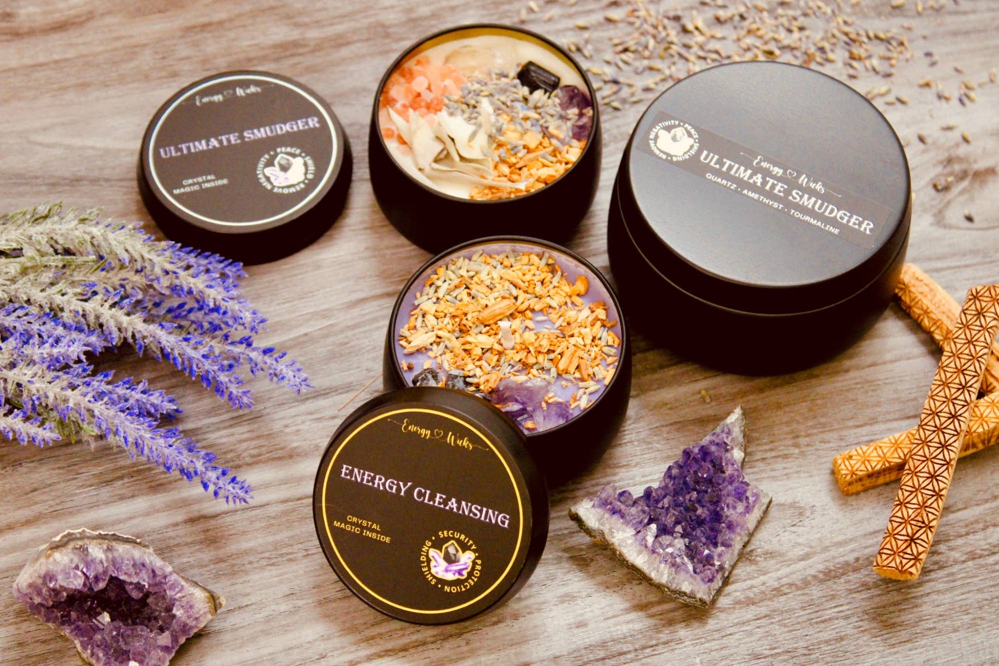 TRANSFORMATION CRYSTAL CANDLE: 4OZ BLACK TIN - botanicals and Labradorite crystals -  Spiced Honey and Tonka fragrance - Joy - Journey of You