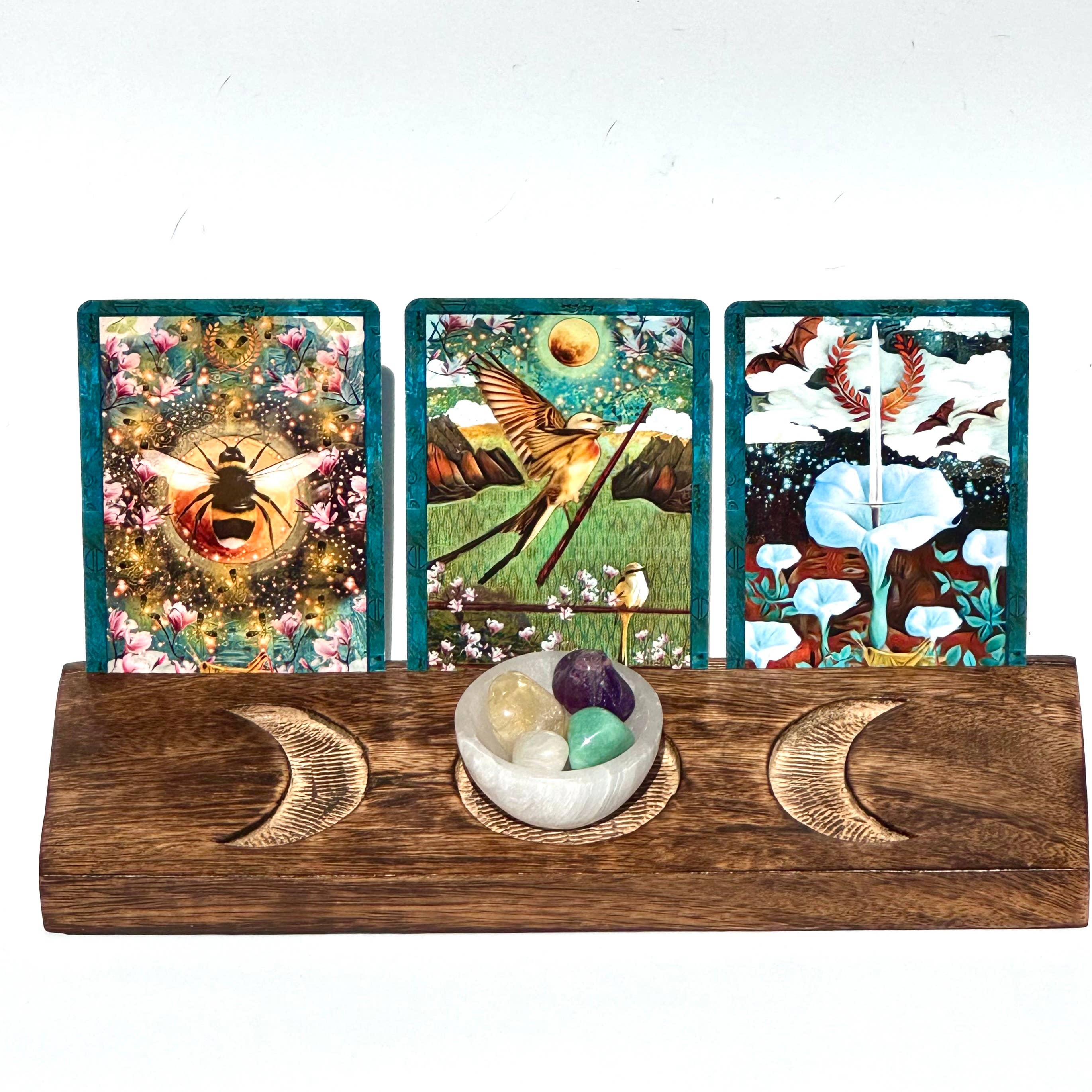 WOODEN TAROT CARD HOLDER W/ MOON DETAIL - Selenite bowls - Joy - Journey of You