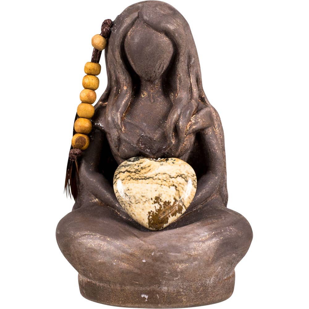 Decorative figurine of a hooded figure holding a heart with beads on a white background - JOY - Journey Of You - Spiritual, Holistic, Empowering