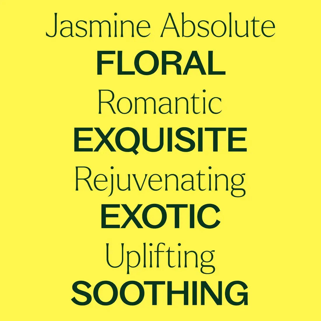 Text on a yellow background describing Jasmine Absolute with various adjectives - JOY - Journey Of You - Spiritual, Holistic, Empowering