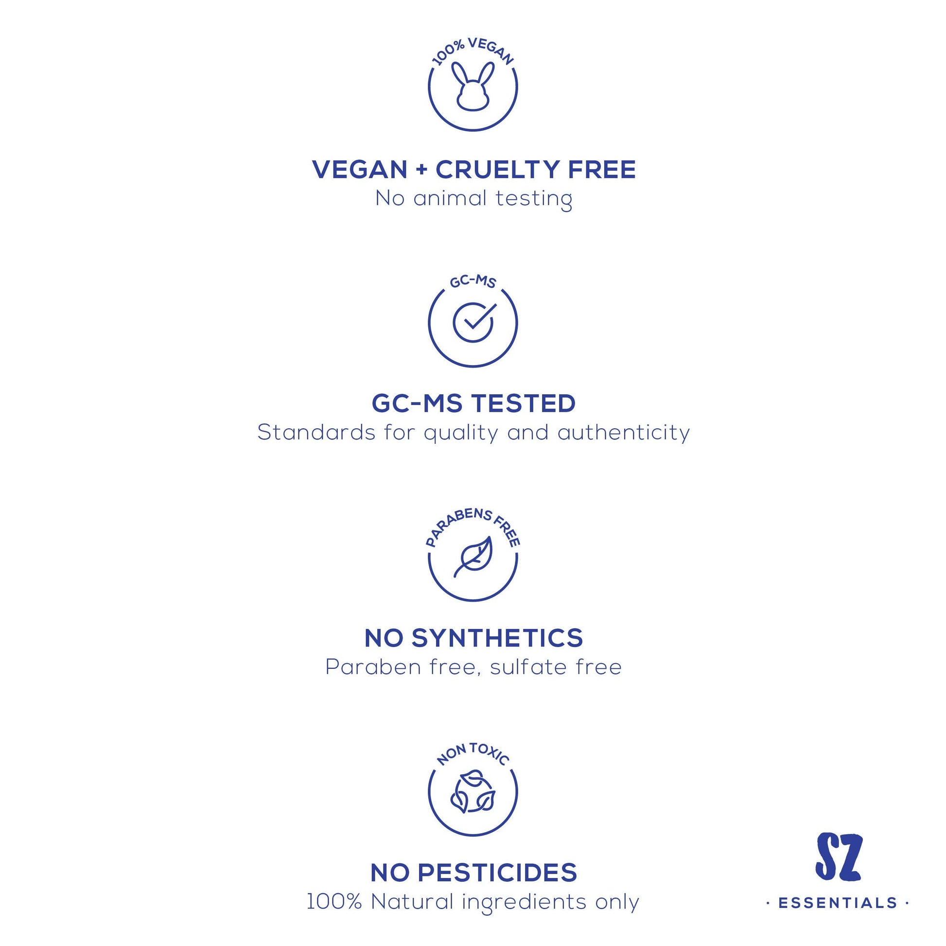 Certification icons and text for vegan, cruelty-free, GC-Ms tested, paraben-free, sulfate-free, non-toxic, and pesticide-free products on a white background. - JOY - Journey Of You - Spiritual, Holistic, Empowering