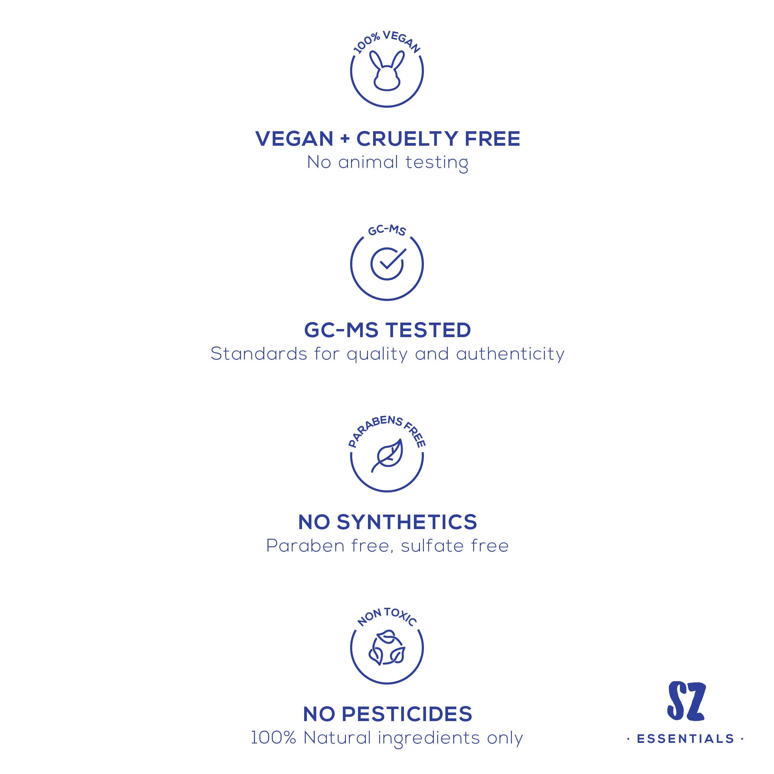 Certification icons and text for vegan, cruelty-free, GC-Ms tested, paraben-free, sulfate-free, non-toxic, and pesticide-free products on a white background. - JOY - Journey Of You - Spiritual, Holistic, Empowering