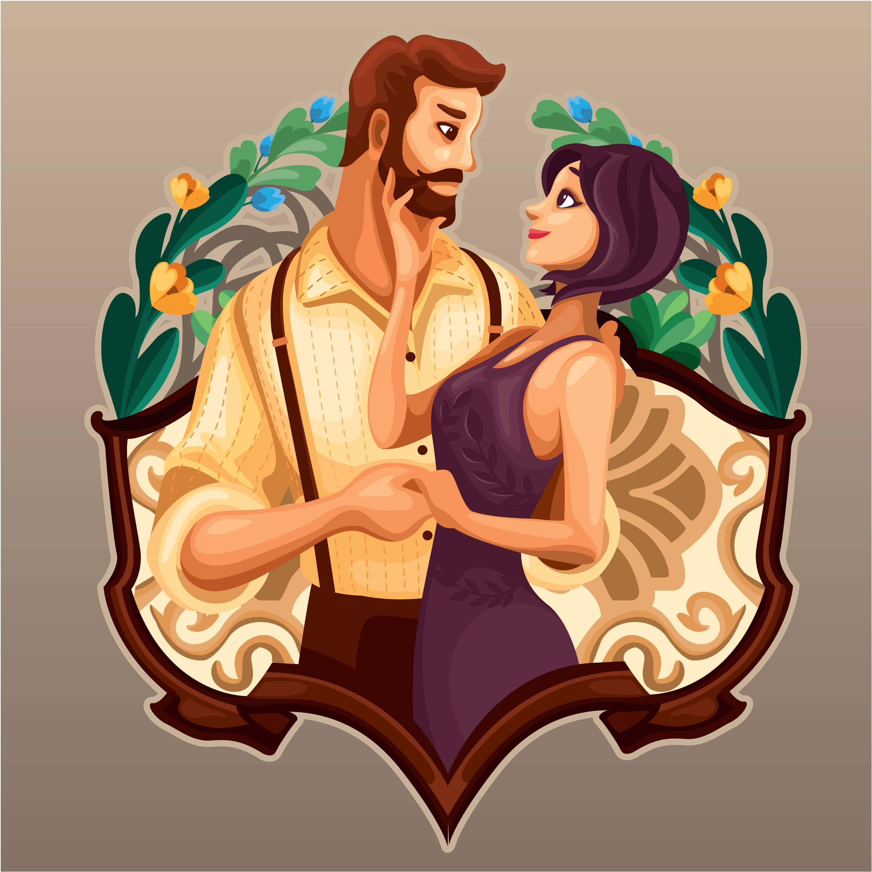 Illustration of a couple embracing with floral elements on a beige background - JOY - Journey Of You - Spiritual, Holistic, Empowering