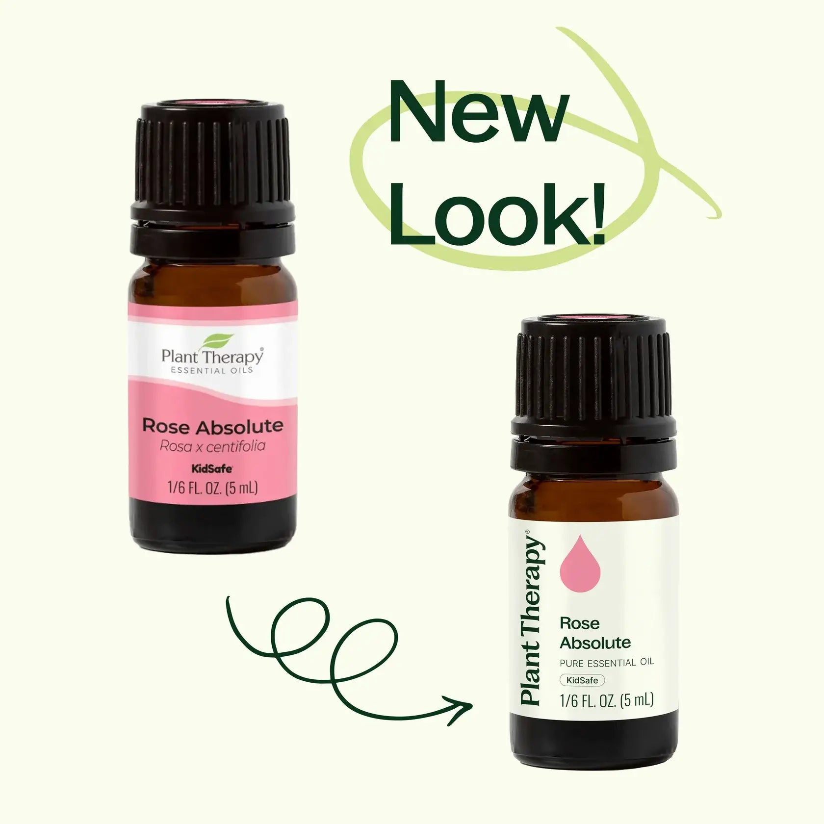 Two bottles of Plant Therapy Rose Absolute essential oil with a 'New Look!' label on a white background - JOY - Journey Of You - Spiritual, Holistic, Empowering
