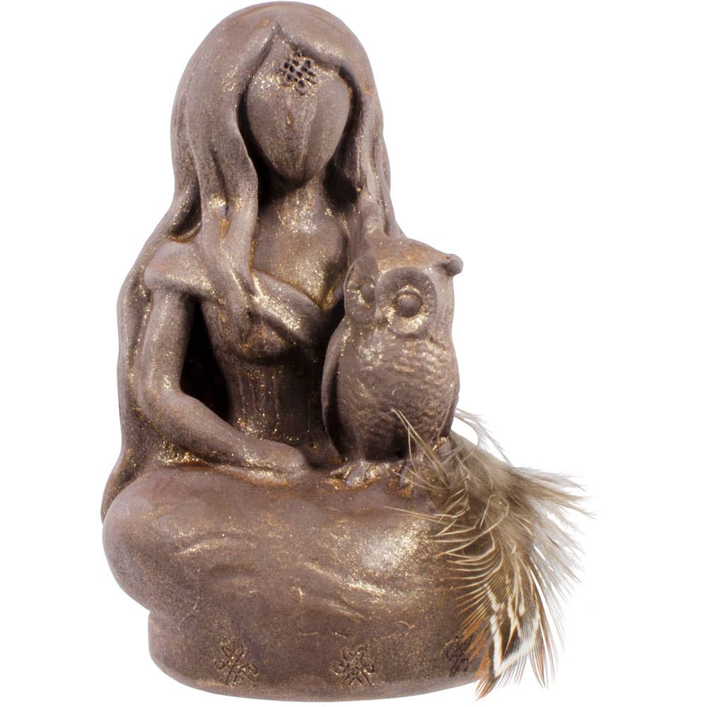 Bronze statue of a woman with an owl on a white background