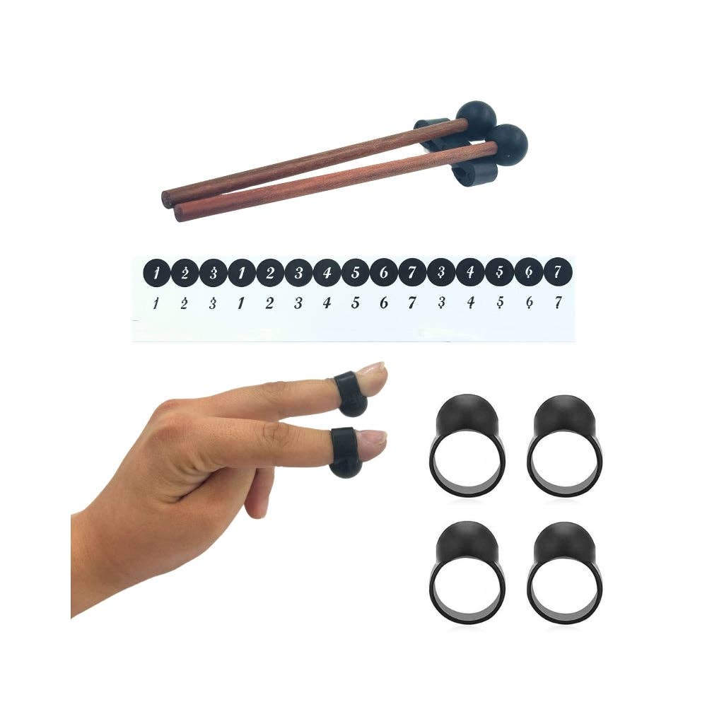 Black finger sleeves on a hand with chopsticks and number markers on a white background