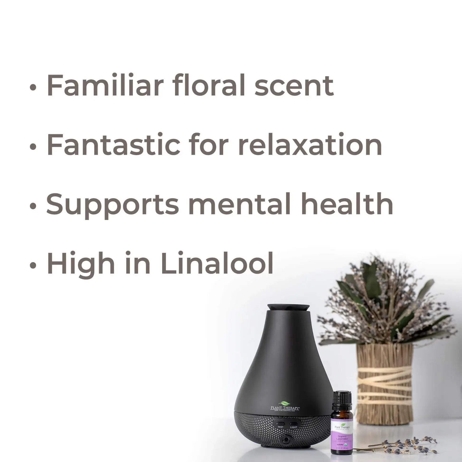 Aromatherapy diffuser and bottle with text about its benefits on a white background