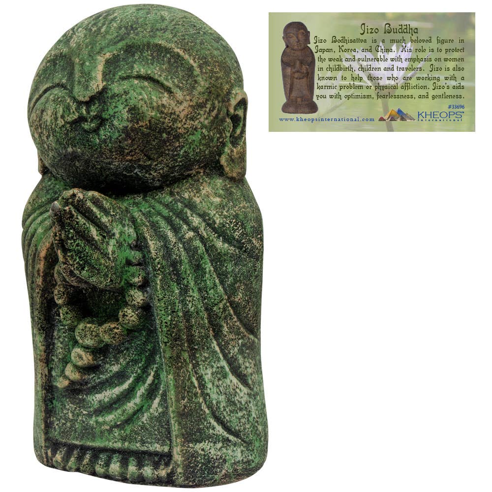 Green stone statue of a seated figure with text on a white background