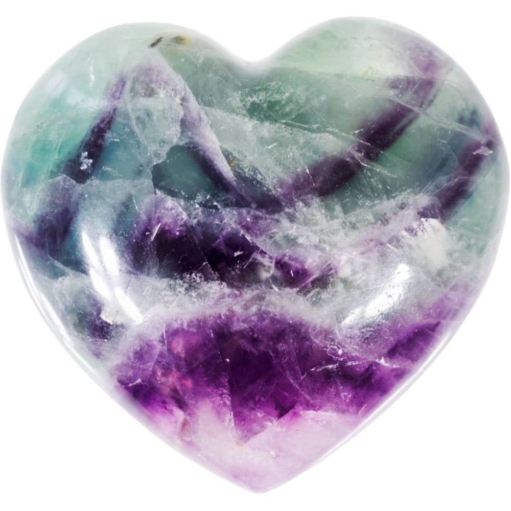 Heart-shaped crystal with purple and green colors on a white background - JOY - Journey Of You - Spiritual, Holistic, Empowering