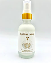 Bottle of 'Calm & Peace' with a gold cap on a white background
