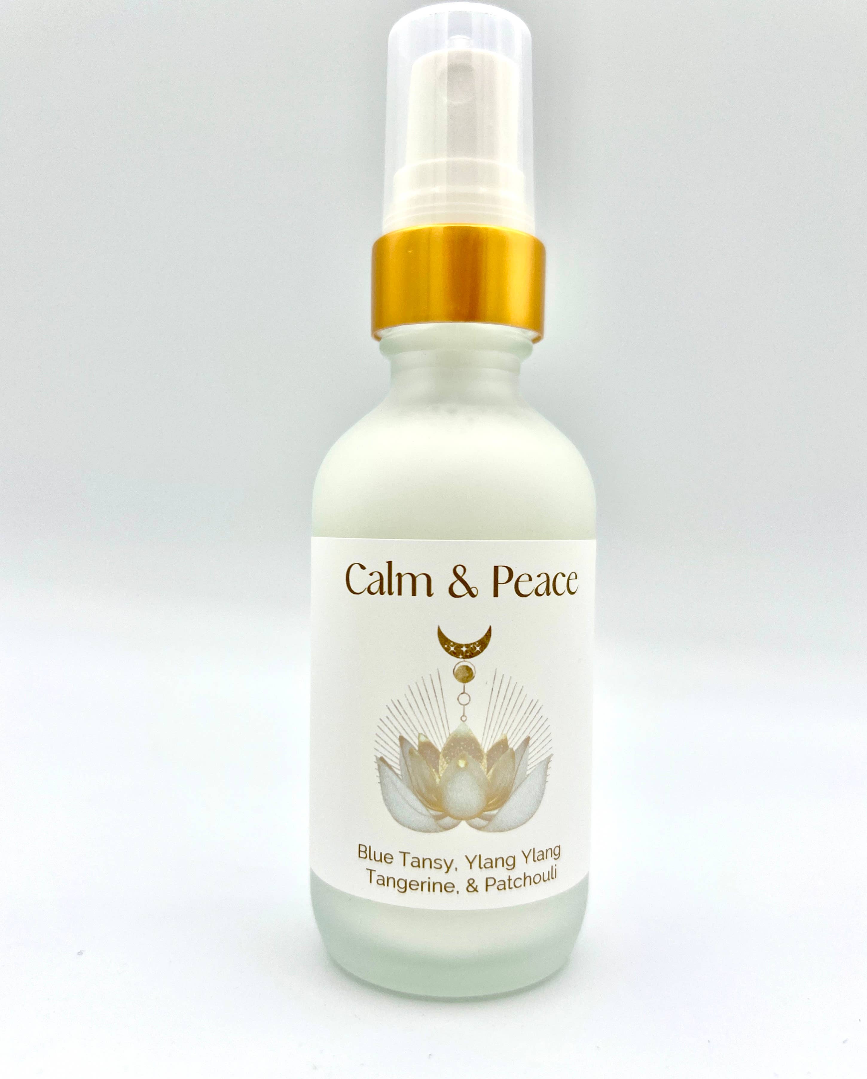 Bottle of 'Calm & Peace' with a gold cap on a white background