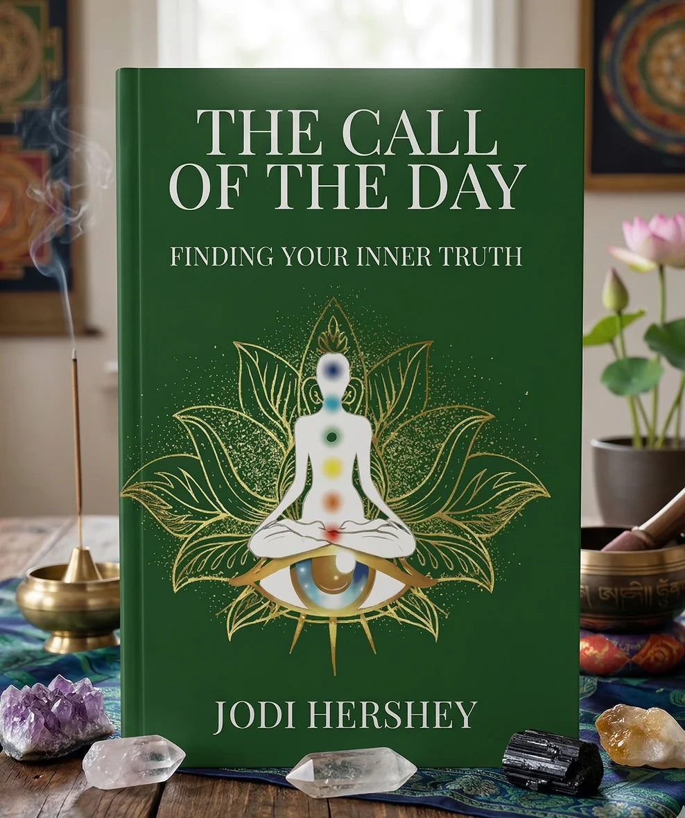 Book titled 'The Call of the Day: Finding Your Inner Truth' by Jodi Hershey on a table with crystals and plants.