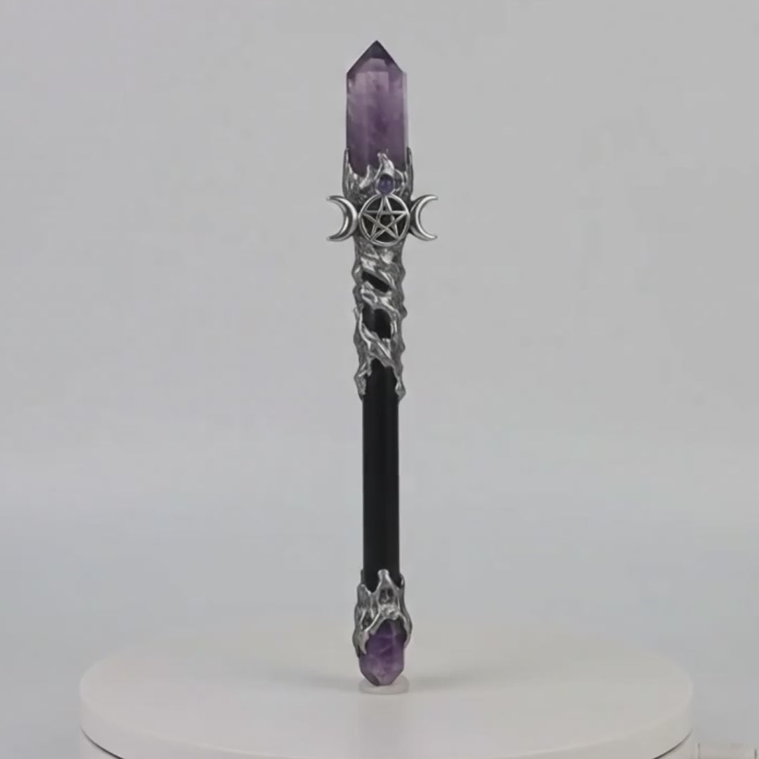 Load video: Magick Wand - Amethyst Point w- Silver Triple Moon (Each)