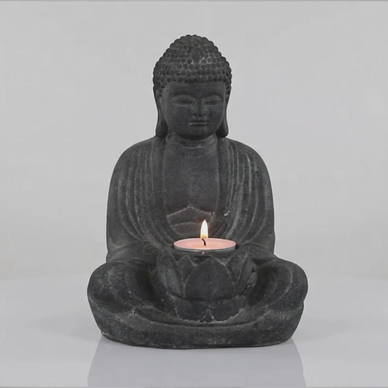 Volcanic Stone Statue & T-light Holder Buddha Charcoal