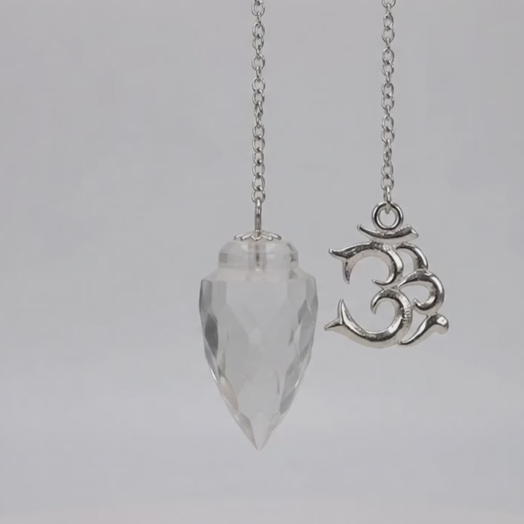 Load video: Gemstone Pendulum With Om Light Diffuser Clear Quartz