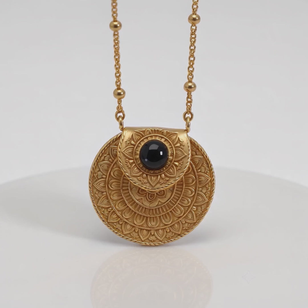 Load video: Inspirational Gold Plated Mandala Necklace with Black Onyx Stone