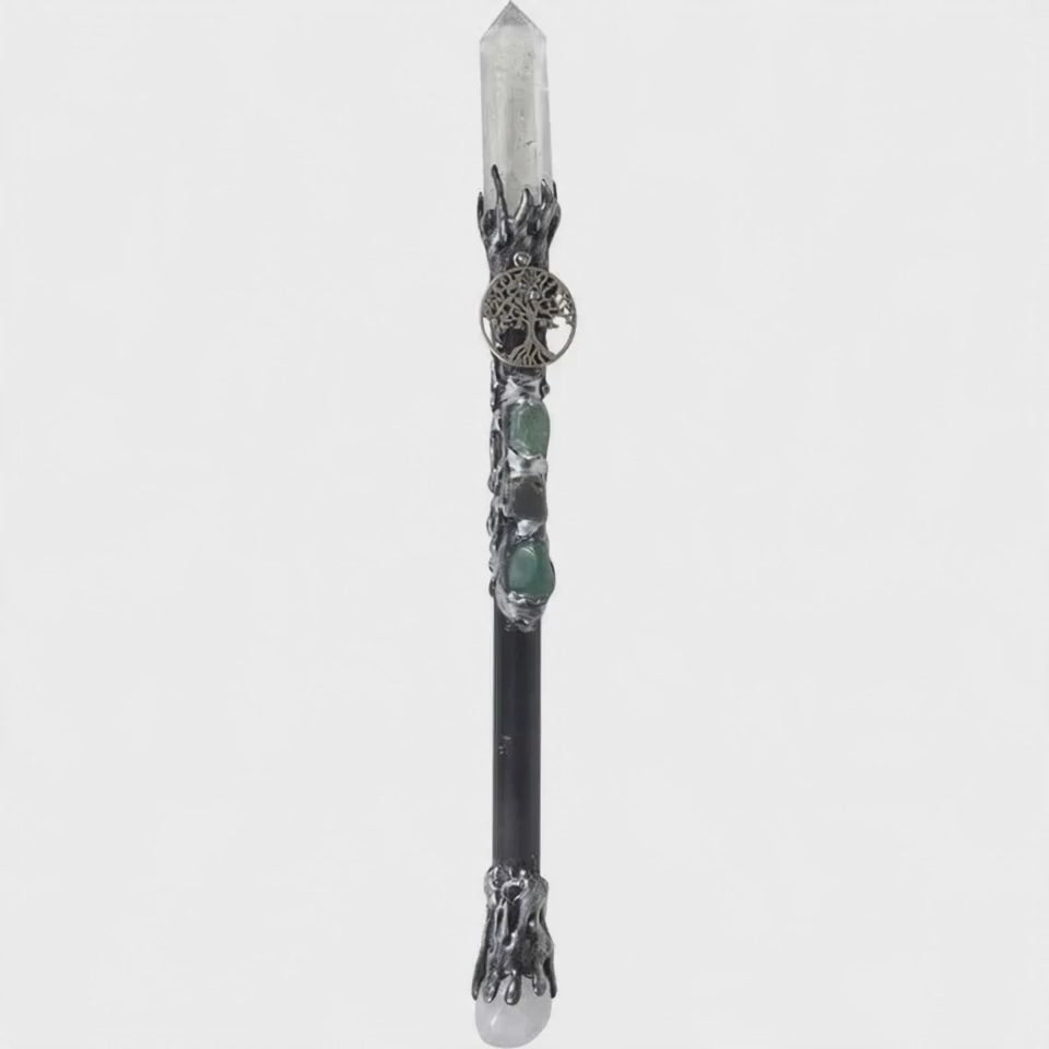 Load video: Magick Wand Clear Quartz Point With Silver Tree of Life
