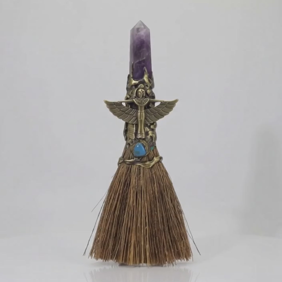 Load video: Gemstone Wicca Broom 8in - Amethyst w_ Gold Isis (Each)