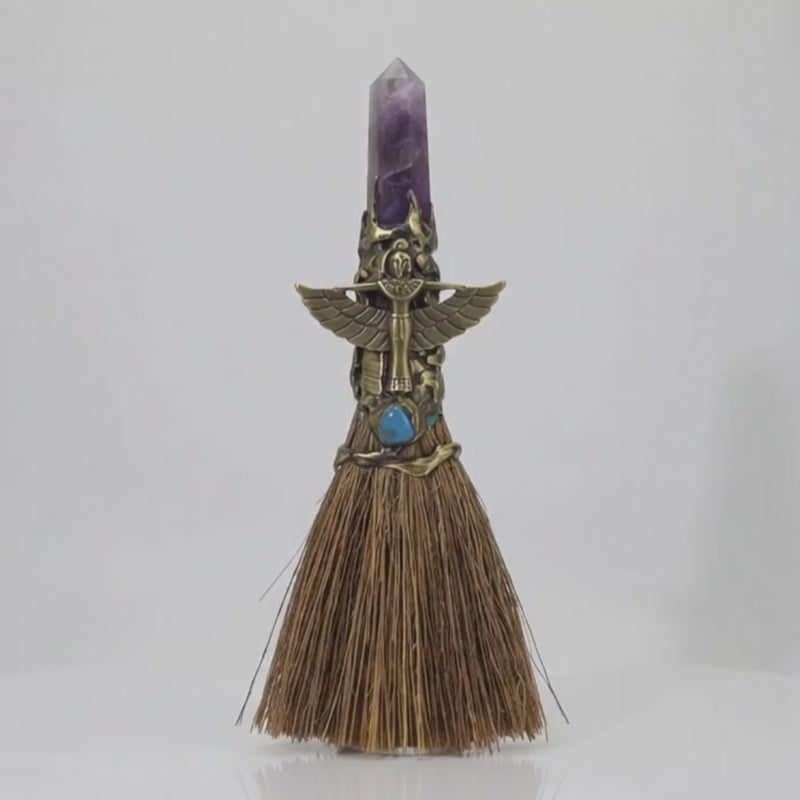 Gemstone Wicca Broom 8in - Amethyst w_ Gold Isis (Each)