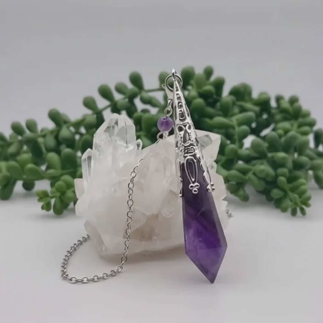 Load video: Amethyst Gemstone Art Deco Silver Color Pendulum