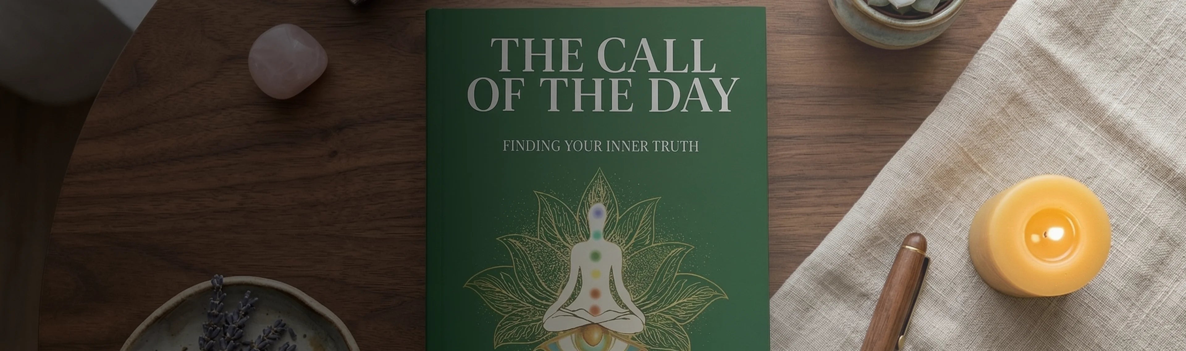 Book titled 'The Call of the Day' on a wooden surface with a candle and crystals.