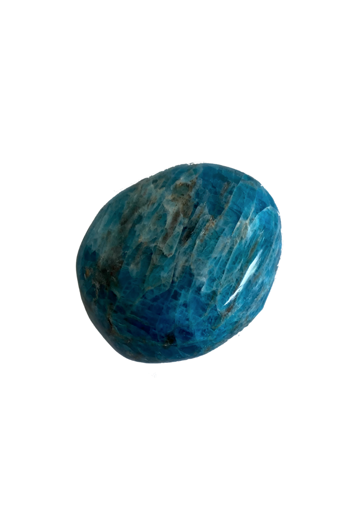 A polished blue Apatite stone used for personal growth and as a collectible item 