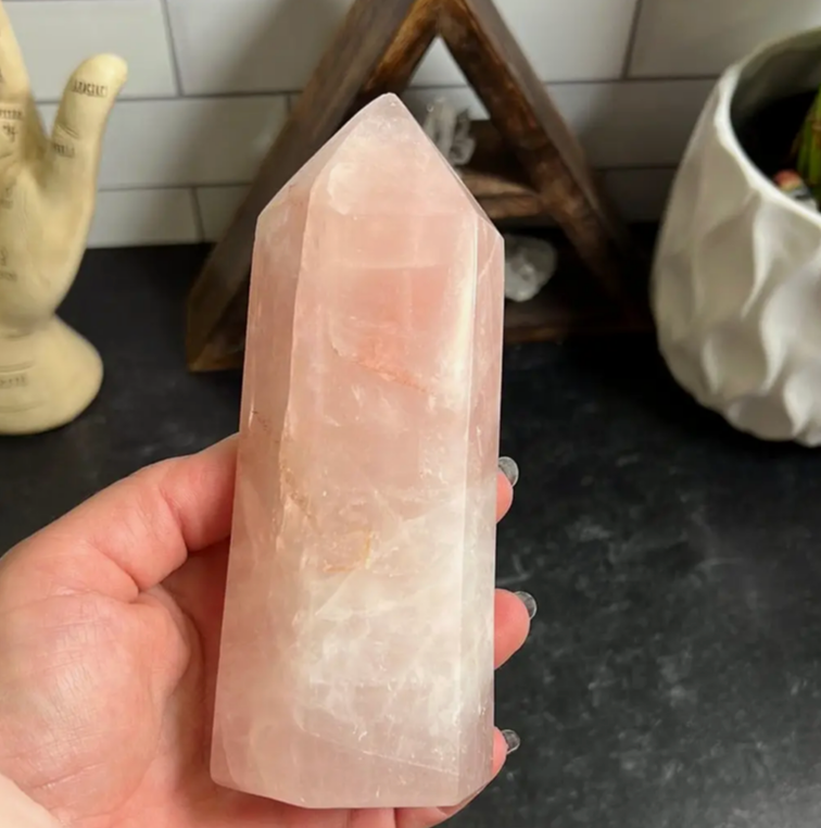 ROSE QUARTZ POLISHED POINT - Rose Quartz: “LOVE STONE,” - <Heart Chakra > - spiritual properties of stones - stones can make a change in your life - crystals complement to other therapies and not as a replacement for medical treatment - licensed healthcare specialist.