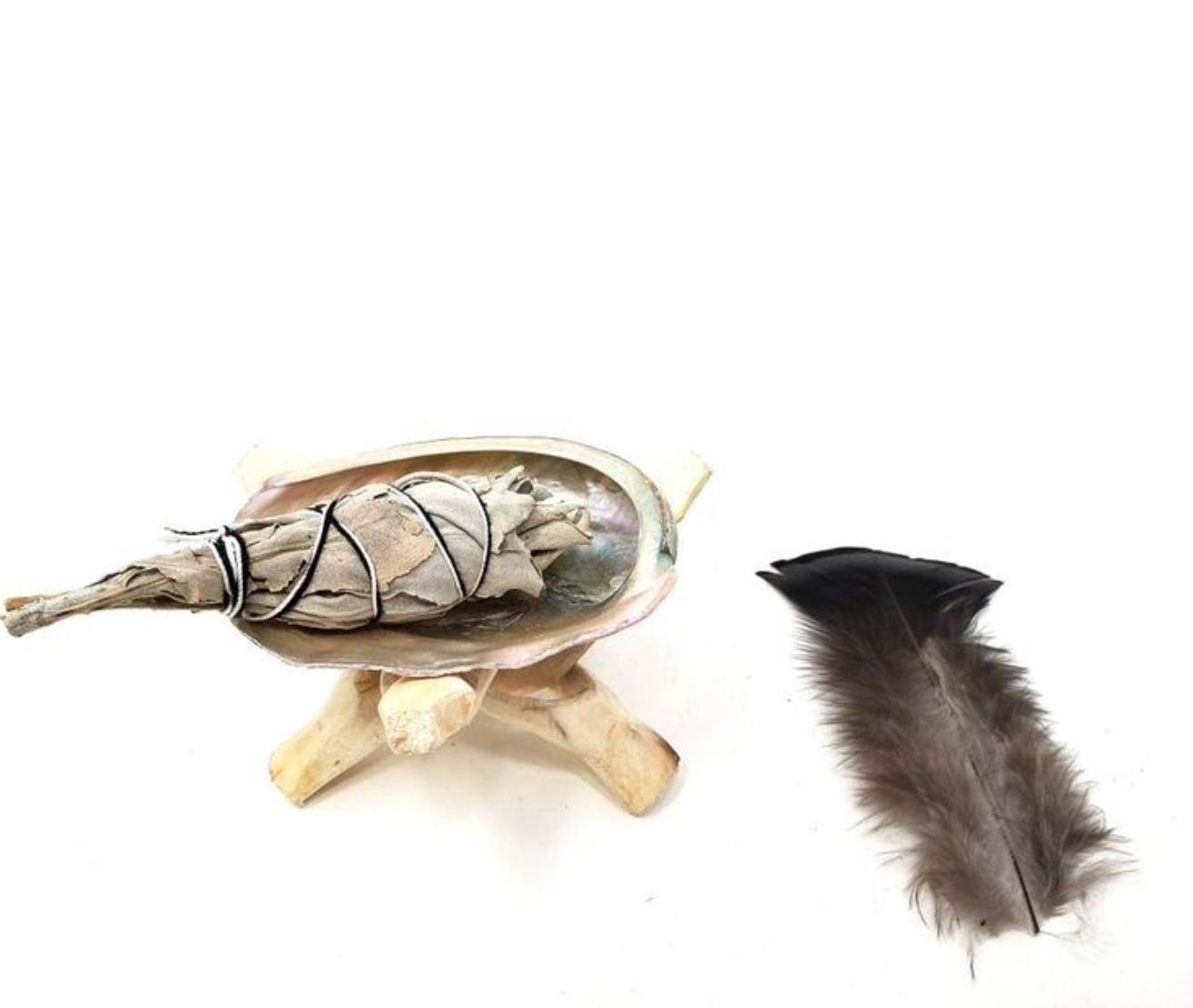 On the Go" Smudging Kit - 5 pc. Travel Size (White Sage + Shell + Tripod + Feather)