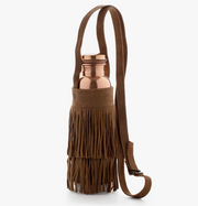 TAMRA SUEDE FRINGED BOTTLE - fab suede fringe carrier - hold a water, wine or baby bottle; your phone - gorgeous antiqued copper hardware. Hand made