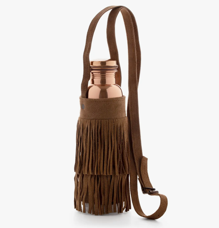 TAMRA SUEDE FRINGED BOTTLE - fab suede fringe carrier - hold a water, wine or baby bottle; your phone - gorgeous antiqued copper hardware. Hand made